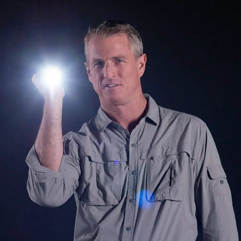 Man holding Ultra Bright LED Flashlight With 5 Beam Modes, Adjustable Focus From Spotlight To Flood, Tactical Emergency Light