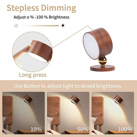 Dope 2 Pack Wood Wall Sconce Set showing stepless dimming feature and adjustable light levels in bedroom setting.