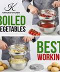 Person using Stainless Steel Food Mill With Three Milling Discs, Hand Crank Rotary Action, Ergonomic Design for pureeing tomatoes and potatoes