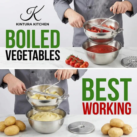 Person using Stainless Steel Food Mill With Three Milling Discs, Hand Crank Rotary Action, Ergonomic Design for pureeing tomatoes and potatoes