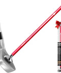 Red magnetic alignment rod attached to a golf club, used for swing training aid to visualize club face alignment at impact.