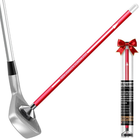 Red magnetic alignment rod attached to a golf club, used for swing training aid to visualize club face alignment at impact.