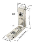 Close-up of L Shape Corner Connector Bracket Set for 20x20 Aluminum Extrusion Profiles with dimensions and zinc alloy material