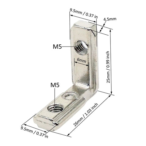 Close-up of L Shape Corner Connector Bracket Set for 20x20 Aluminum Extrusion Profiles with dimensions and zinc alloy material