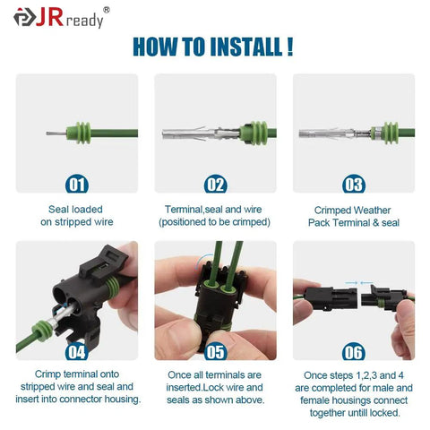 Grab This JRready Weather Pack Terminals Kit With 30 Dandy Pairs Of Brass Pins And Sockets For 18 To 14 AWG Cables Plus Cable Seals And Plugs Galore For Super Tough Sealed Automotive Wiring Jobs That Actually Last Out There. installation steps for sealed brass terminal and wire connector