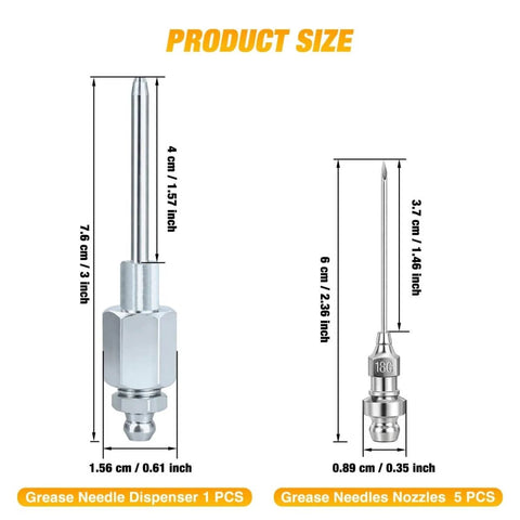 Size of Grease Gun Tips Kit With One Eighth Inch NPT Threaded Grease Needle Tips And Five 18G Detachable Injector Needles