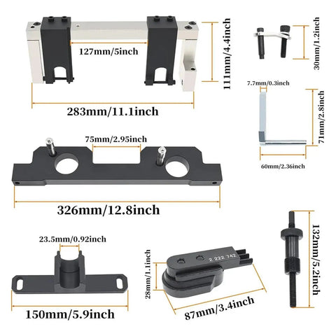 Built Tough 17 Piece Camshaft Alignment And Timing Tool Kit For BMW N20 And N26 Engines showing precision tools and measurements.