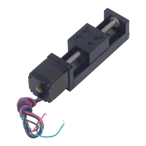 Top Shelf Mini Linear Rail Stage With Integrated Stepper Motor 50Mm Smooth Glide Travel for CNC, showing compact unit with motor and wiring.