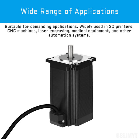 BESJMYT NEMA 23 bipolar stepper motor, front view with shaft and mounting plate, black housing and cable