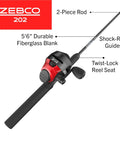 Spincast Fishing Rod And Reel Combo, 5 Foot 6 Inch Two Piece Pole, Size 30 Reel, Right Hand Retrieve, Black and Red design