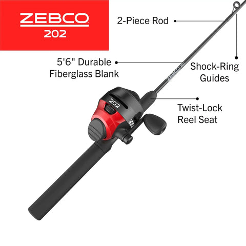 Spincast Fishing Rod And Reel Combo, 5 Foot 6 Inch Two Piece Pole, Size 30 Reel, Right Hand Retrieve, Black and Red design