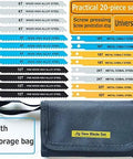 20-piece universal jig saw blade set, front view with storage bag; blades for wood, plastic and metal.