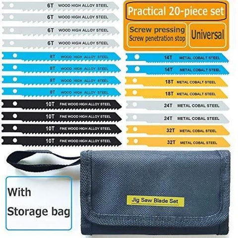 20-piece universal jig saw blade set, front view with storage bag; blades for wood, plastic and metal.