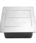 Slick Recessed Floor Power Box Featuring Double Electric Receptacles With Smooth Sliding Cover For Modern Homes, stainless steel and black, top view.