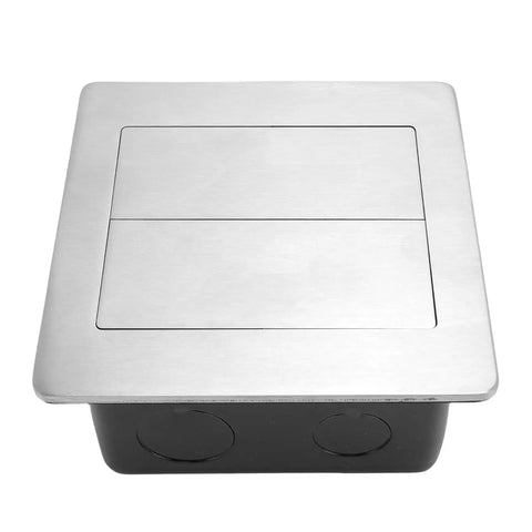 Slick Recessed Floor Power Box Featuring Double Electric Receptacles With Smooth Sliding Cover For Modern Homes, stainless steel and black, top view.