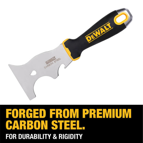 9-In-1 Painter's Tool with straight and curved scrapers, carbon steel blade, soft grip handle, visible from side view