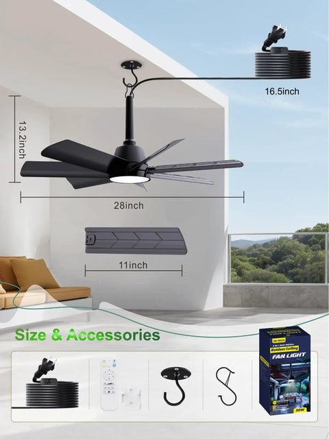 Diagram showing 28 Inch Outdoor Ceiling Fan With Light And Remote Plug In Portable Waterproof Hanging Fan For Camping Patios Porch And RV