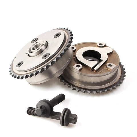 Beefed Up Engine Timing Chain Kit With Camshaft Adjusters And VVT Sprockets For Mini Cooper Countryman R60 Paceman R61 1.6L L4 2007-2016 Replacement Parts Includes Chain Tensioner Guides Sprockets showing two metallic camshaft adjusters and VVT sprockets