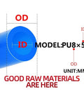 Heavy Duty Polyurethane Air Hose 10 Meter Pneumatic Tube for Air Compressors Sizes 4mm to 16mm Flexible Ideal for Garage Workshop and Auto Repair Jobs Seeking Durable Gear That Handles Pressure Like a Boss Without Leaking or Breaking Down Often, PU8x5 blue hose cross-section showing OD and ID measurements