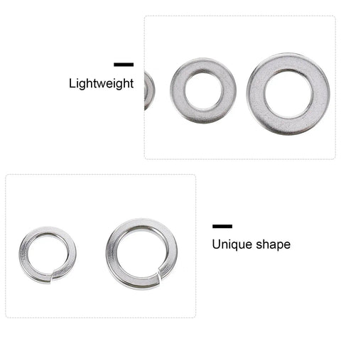 Close-up of Stainless Steel Spring Lock Washer Kit M2 To M10 600 Piece Assortment showing lightweight and unique shape washers