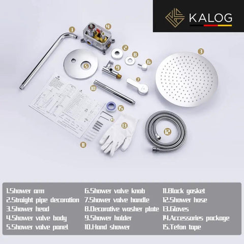 Shower System With Tub Spout And Wall Mount Chrome Finish, Rainfall Showerhead Plus Handheld Spray components and accessories layout