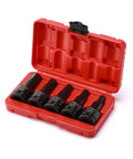 Three Quarter Inch Drive Impact Hex Bit Set, Five Piece Metric 14mm 17mm 19mm 22mm 24mm, CR-MO Alloy Steel in red plastic case.