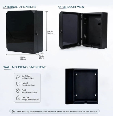 Wall Mounted EV Charger Protection Box Drip Proof Charging Case Universal Tesla Fit with exterior dimensions and open door view.