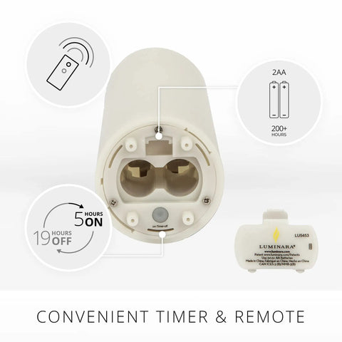Bottom view of Outdoor Slim Pillar Flameless Led Candles Set Of 3 Ivory with battery compartment and timer settings.