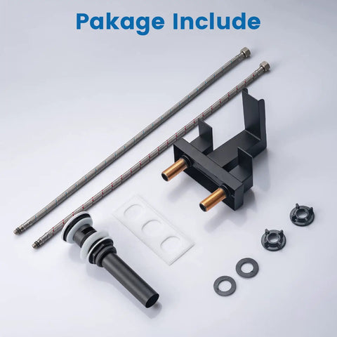 Package contents for 4 Inch Centerset Vanity Sink Faucet With Dual Handle Waterfall Spout Three Hole Basin Mixer Dope Matte Black Finish