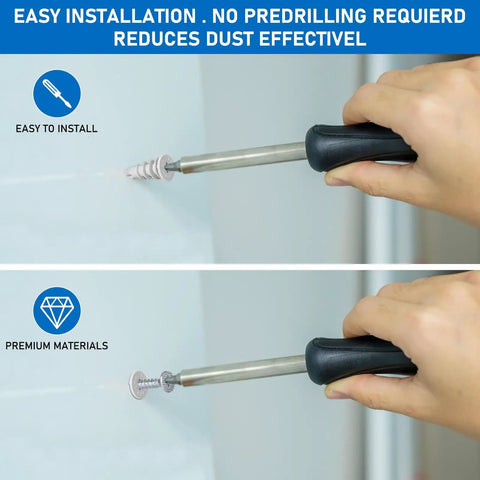 Heavy Duty Self Drilling Drywall Anchors And Screws Kit With 114 Pieces showing easy installation with a screwdriver on drywall.