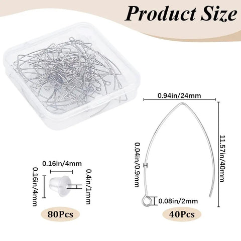 Stainless Steel Drop Earring Hooks Set 40 Pieces Silver Long Marquise V Shaped with Ear Nuts and Loop Dangle Wires shown with measurements