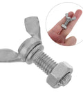 Six Set Stainless Steel M8 Wing Bolts With Hex Nuts For Easy DIY Install On Display Racks, Machine Panels And Furniture, Durable Butterfly Screws For One Hand Tightening And Strong Secure Clamps. M8 stainless wing bolt with hex nut shown in hand