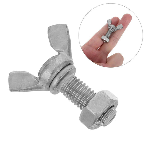 Six Set Stainless Steel M8 Wing Bolts With Hex Nuts For Easy DIY Install On Display Racks, Machine Panels And Furniture, Durable Butterfly Screws For One Hand Tightening And Strong Secure Clamps. M8 stainless wing bolt with hex nut shown in hand