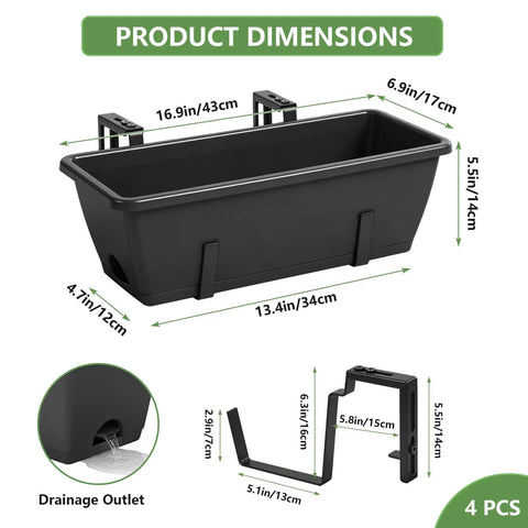 Railing Planter Box Kit 4 Pack With Adjustable Brackets 17 Inch Hanging Planters For Outdoor Plants, shown with dimensions.