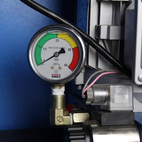 Pressure gauge detail on Top Shelf Fully Programmable Electric Hydraulic Tube And Pipe Bender With PLC Automation Panel 3Hp Motor.