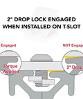Diagram showing 2° drop lock engaged and not engaged on T-slot, illustrating torque application and lock mechanism.