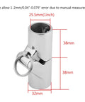 Marine Grade 316 Stainless Steel Handrail Fitting With Folding Swivel Connector For 1 Inch OD Boat Tubing 180 Degree Inline Joint Mirror Finish, Saltwater Ready And Highly Durable. dimensions shown