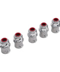 Tool Free Snap In Metal Clad Cable Connectors 3 8 Inch Fit Electrical Conduit in silver with red accents, five connectors lined up