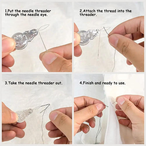 Steps to use the needle threader from the 30 Color Polyester Sewing Thread Set With 50 Yard Mini Spools, Includes Needles And Threading Tool.