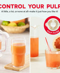 Dash Dual Electric Citrus Juicer Machine With Auto Reversing Reamer And Adjustable Pulp Control showing fresh juice with pulp control filter.
