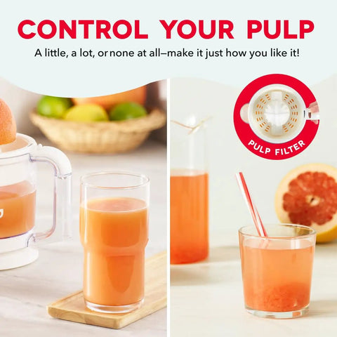 Dash Dual Electric Citrus Juicer Machine With Auto Reversing Reamer And Adjustable Pulp Control showing fresh juice with pulp control filter.