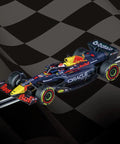 Go Slot Car 1 43 Scale RB21 Verstappen No 1 2025 Analog Vehicle For Go Tracks, top view on checkered track background.