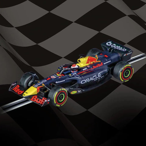 Go Slot Car 1 43 Scale RB21 Verstappen No 1 2025 Analog Vehicle For Go Tracks, top view on checkered track background.