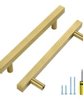 Gold Cabinet Pulls 30 Pack 5 Inch Modern Square Brushed Brass Drawer Handles For Kitchen Cabinets With Durable Brushed Brass Finish And Easy Install Upgrade Your Kitchen 7 3 8 Inch Overall Length, screws and screwdriver included