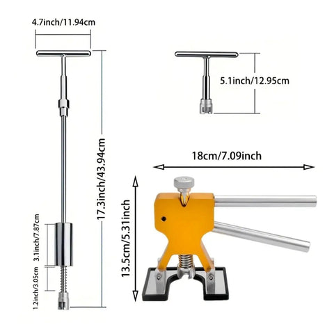 Car Dent Repair Tools Kit For Paintless Dent Removal showing dent puller dimensions and T-handle for quick fixes.