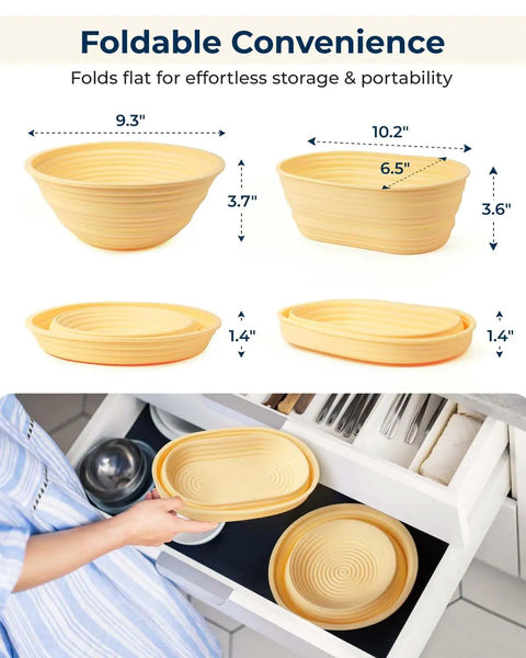All-In-One Sourdough Starter Kit With Silicone Proofing Baskets And Jar, showing foldable banneton baskets in various sizes