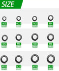 Spring Lock Washers Assortment Kit With 9 Sizes M2 To M12, 950 Pieces, Black Zinc Plated Metal Lock Washers For Screws And Bolts, Must Have DIY Home And Workshop Fixes. Size chart of black spring lock washers M2 to M12 with piece counts
