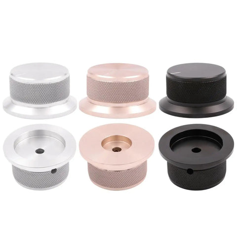 Heavy Duty Aluminum Volume Control Knob Featuring Slick Diamond Knurled Grip For Pro Level High End Audio Amplifier And Turntable Buttery Smooth Rotation Top Shelf Replacement Dial in six colors.