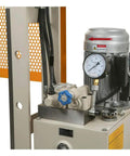 No Nonsense 30 Ton Electric Hydraulic Shop Press Heavy Workhorse For Auto Shop Repair, featuring motor and hydraulic pump close-up.
