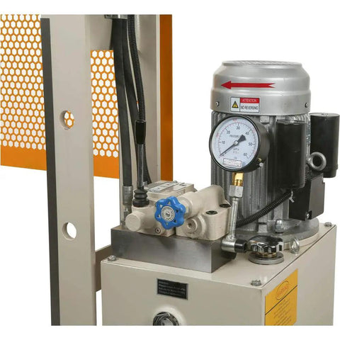 No Nonsense 30 Ton Electric Hydraulic Shop Press Heavy Workhorse For Auto Shop Repair, featuring motor and hydraulic pump close-up.